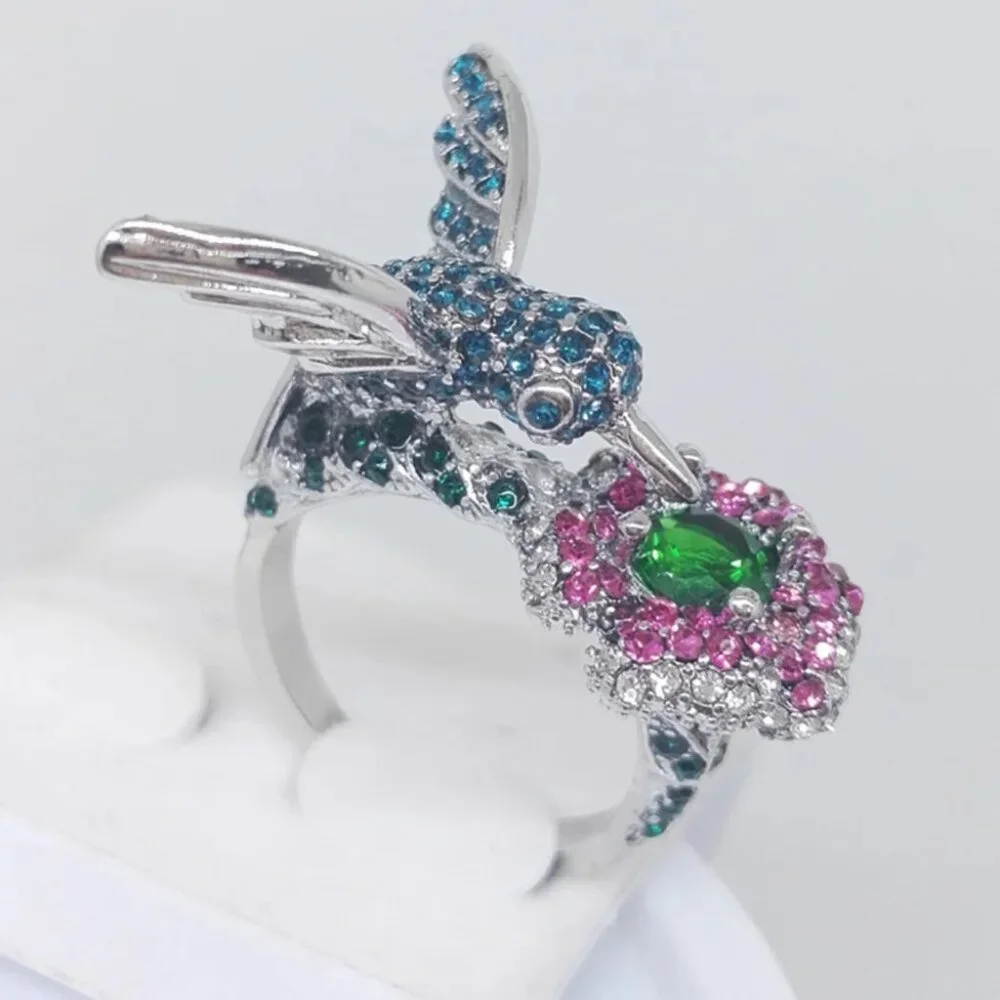Women's Rhinestone Blue Hummingbird Ring - Picture 3 of 5